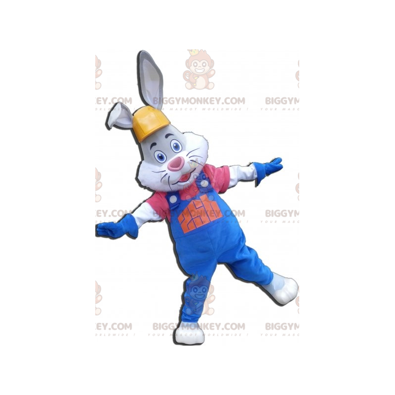 Grå og hvid kanin BIGGYMONKEY™ maskotkostume med overalls og Grå og hvid kanin BIGGYMONKEY™ maskotkostume med overalls og