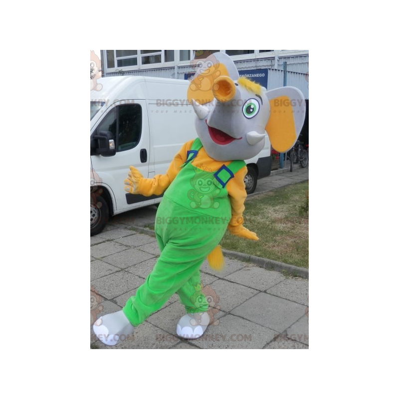 Traje de mascote BIGGYMONKEY™ Elefante cinza e amarelo vestido Traje de mascote BIGGYMONKEY™ Elefante cinza e amarelo vestido