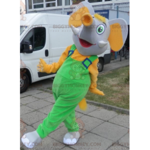 Costume de mascotte BIGGYMONKEY™ d'éléphant gris et jaune habillé d'une salopette - Mascottes Elephant - BiggyMonkey.com
