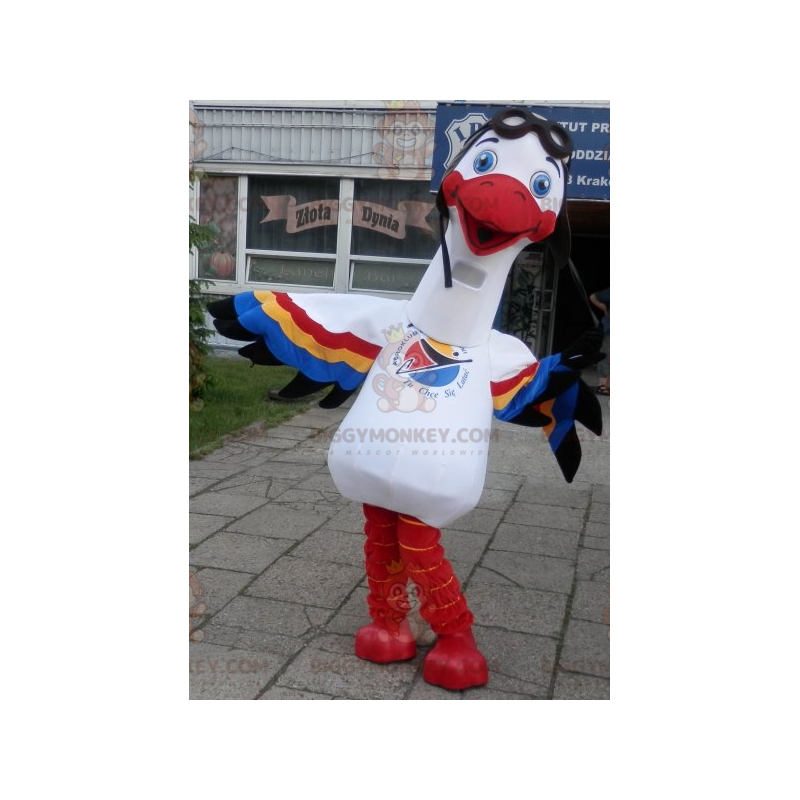 BIGGYMONKEY™ Maskotdräkt Vit stork med flerfärgade vingar - BIGGYMONKEY™ Maskotdräkt Vit stork med flerfärgade vingar -
