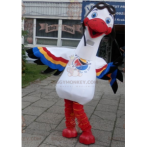 Kostým maskota BIGGYMONKEY™ Bílý čáp s vícebarevnými křídly –