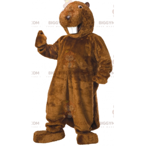 Traje de mascote de castor marrom com dentes grandes