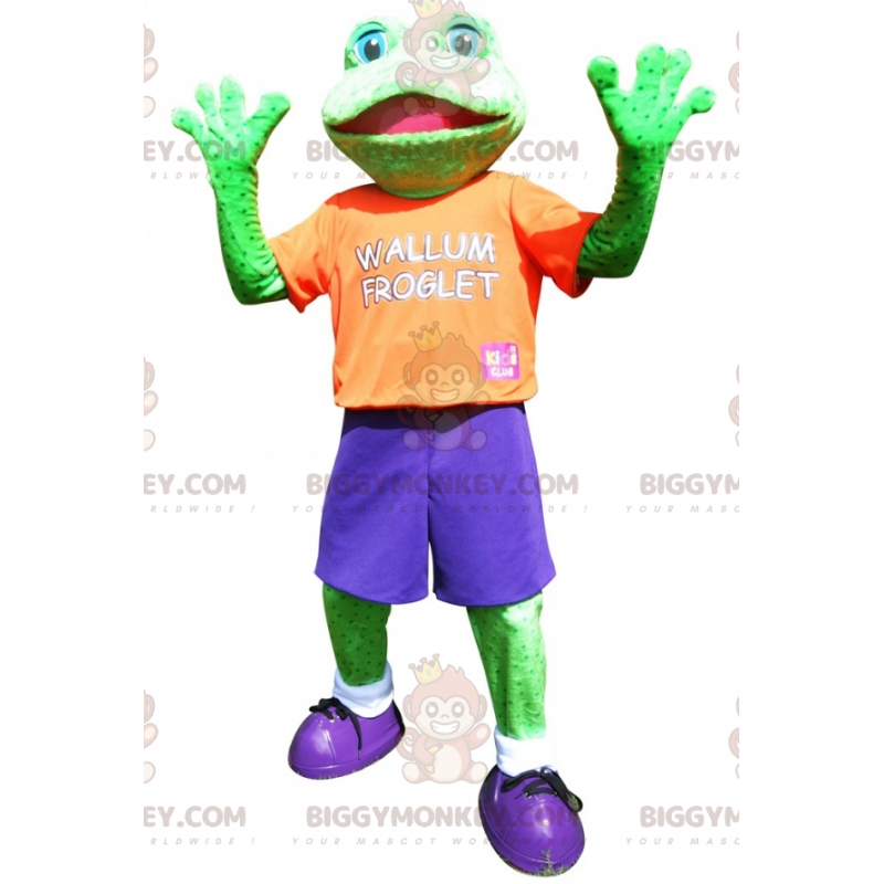 Disfraz de mascota Green Frog BIGGYMONKEY™ vestido con colorida Disfraz de mascota Green Frog BIGGYMONKEY™ vestido con colorida