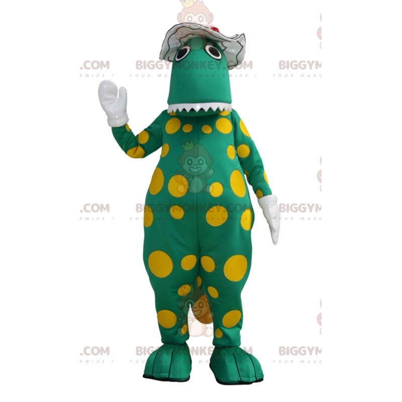 BIGGYMONKEY™ Groene dinosaurus gele polkadot mascottekostuum - BIGGYMONKEY™ Groene dinosaurus gele polkadot mascottekostuum -