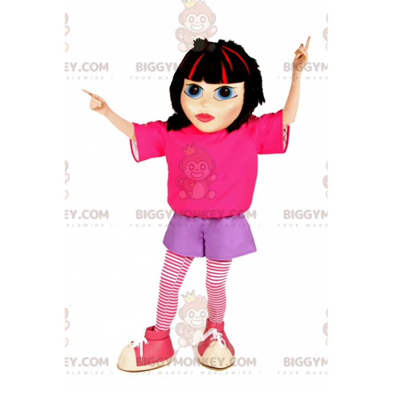 Brown Girl BIGGYMONKEY™ Mascot Costume with Pink and Purple Brown Girl BIGGYMONKEY™ Mascot Costume with Pink and Purple