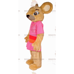BIGGYMONKEY™ gnagare beige musmaskotdräkt klädd i rosa outfit -