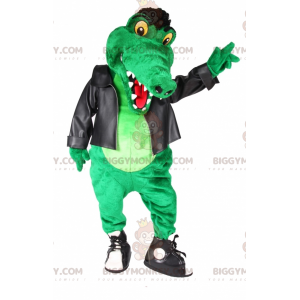 BIGGYMONKEY™ Maskottchen-Kostüm Grünes Krokodil-Rocker-Outfit -