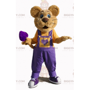Kostým maskota hnědé myši BIGGYMONKEY™ s fialovým overalem –