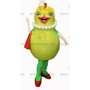 Hymyilevä naisellinen vihreä päärynä BIGGYMONKEY™ maskottiasu -