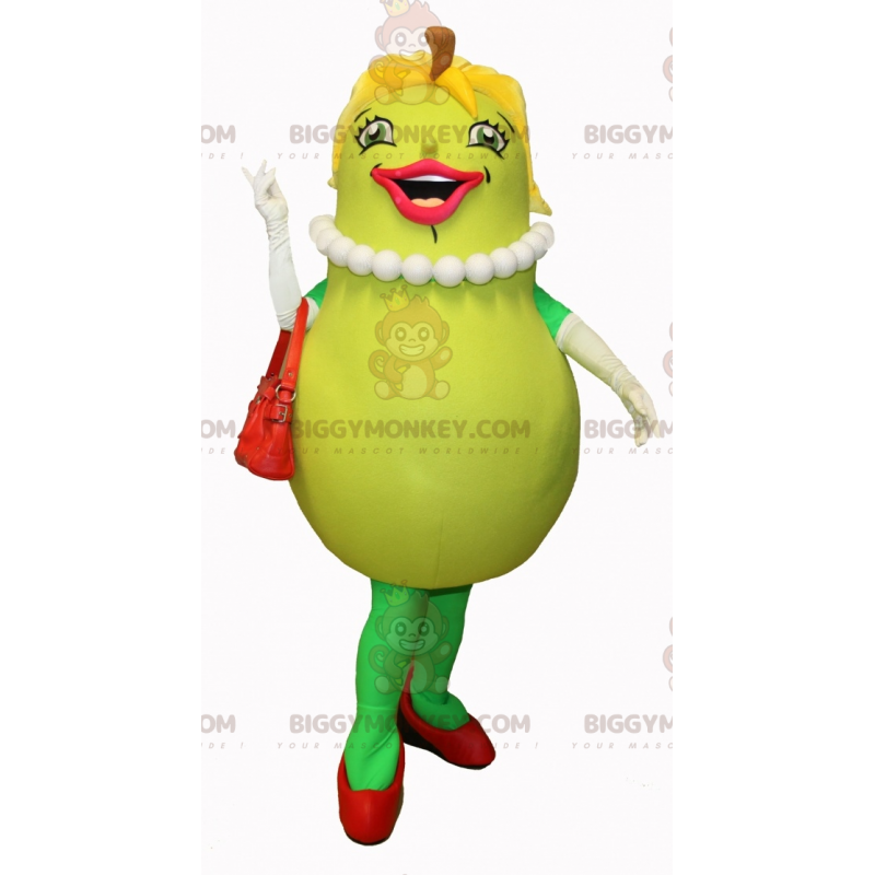 Costume da mascotte sorridente femminile verde pera Costume da mascotte sorridente femminile verde pera