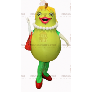 Hymyilevä naisellinen vihreä päärynä BIGGYMONKEY™ maskottiasu -