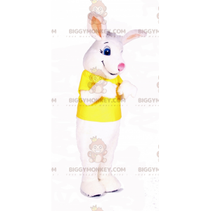 White Rabbit BIGGYMONKEY™ Mascot Costume Wearing Yellow T-Shirt