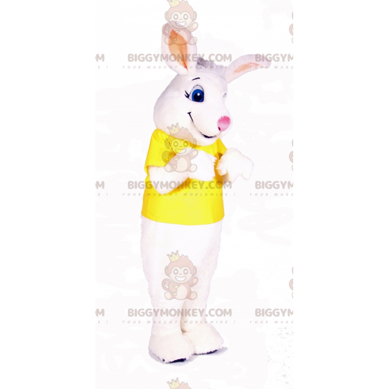 Στολή μασκότ White Rabbit BIGGYMONKEY™ με κίτρινο μπλουζάκι - Μασκότ κουνελιού - BIGGYMONKEY_07125 - BiggyMonkey.com