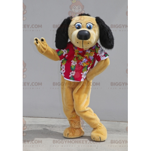 BIGGYMONKEY™ Maskotdräkt Beige och svart hund med blommig