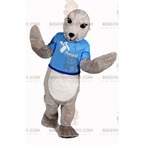 BIGGYMONKEY™ Maskottchenkostüm aus grauem und weißem Seelöwen.