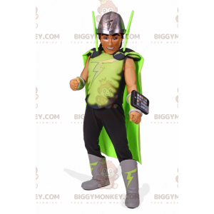 Superhero BIGGYMONKEY™ Mascot Costume with Suit and Cell Phone