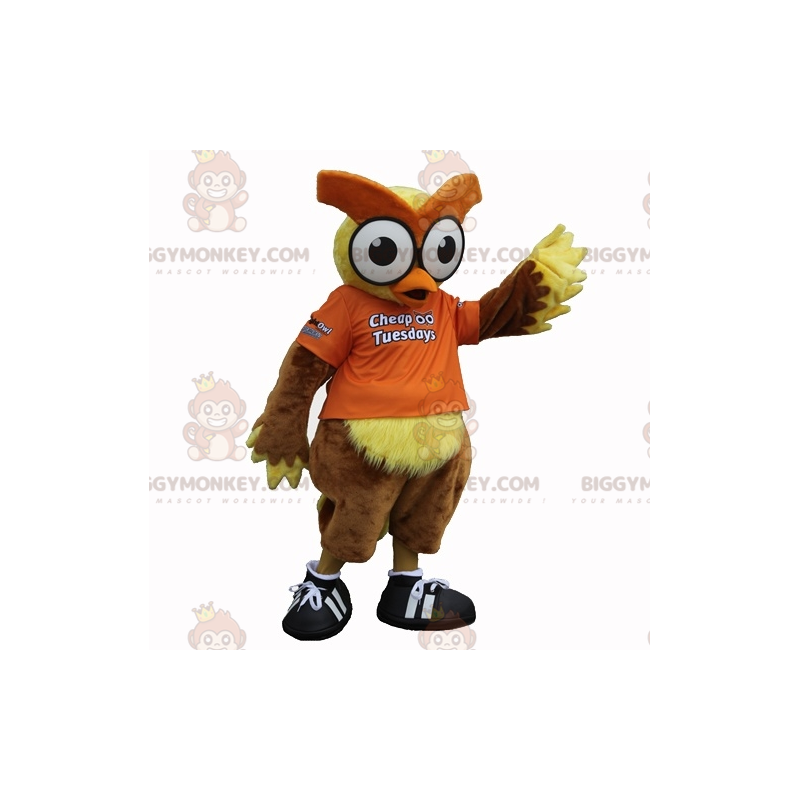 Kostium maskotki BIGGYMONKEY™ Brązowa i żółta sowa z dużymi Kostium maskotki BIGGYMONKEY™ Brązowa i żółta sowa z dużymi