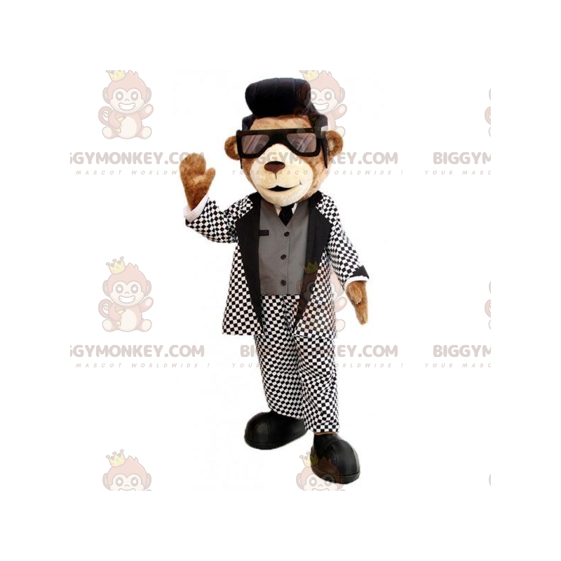 Ruskea Nalle BIGGYMONKEY™ maskottiasu söpöllä mustavalkoasulla Ruskea Nalle BIGGYMONKEY™ maskottiasu söpöllä mustavalkoasulla