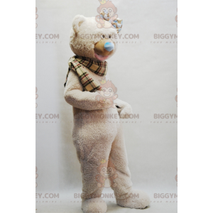 Beige Teddy BIGGYMONKEY™ Mascot Costume with Plaid Scarf –