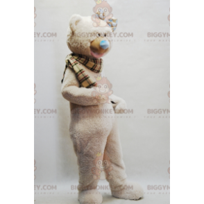 Beige Teddy BIGGYMONKEY™ Mascot Costume with Plaid Scarf –