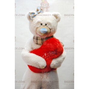 Beige Teddy BIGGYMONKEY™ Mascot Costume with Plaid Scarf –