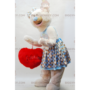 BIGGYMONKEY™ Μασκότ στολή μπεζ Teddy με φόρεμα και κόκκινη καρδιά - Μασκότ αρκούδας - BIGGYMONKEY_07157 - BiggyMonkey.com