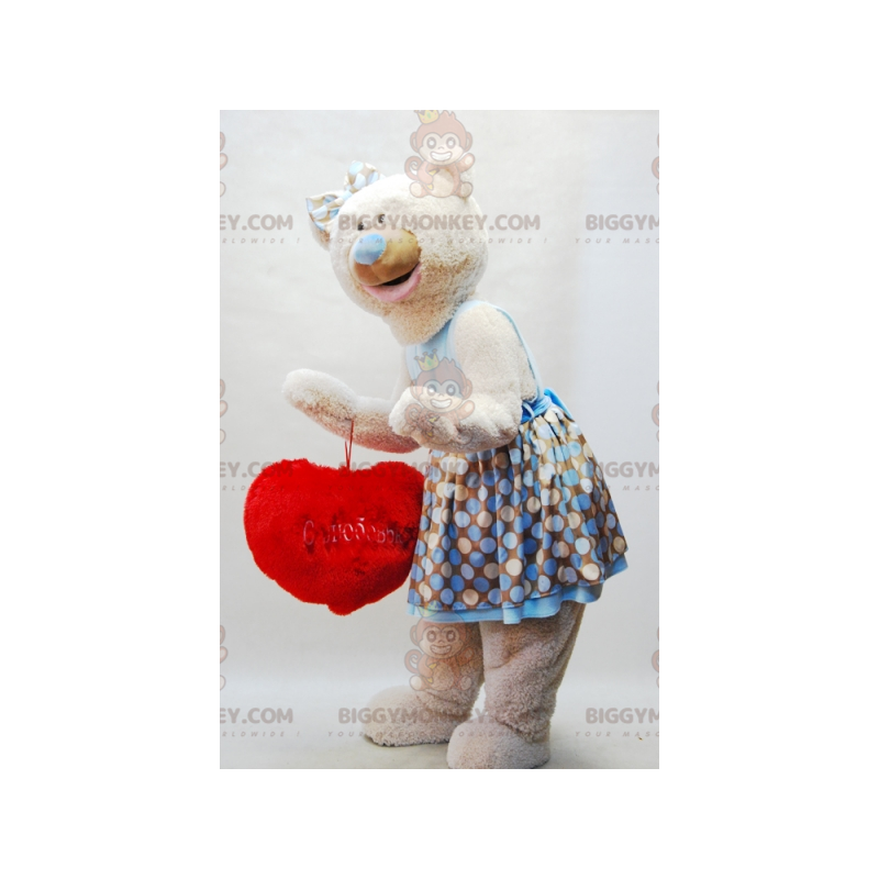 BIGGYMONKEY™ Μασκότ στολή μπεζ Teddy με φόρεμα και κόκκινη καρδιά - Μασκότ αρκούδας - BIGGYMONKEY_07157 - BiggyMonkey.com
