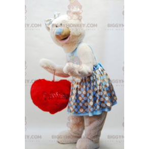 BIGGYMONKEY™ Μασκότ στολή μπεζ Teddy με φόρεμα και κόκκινη καρδιά - Μασκότ αρκούδας - BIGGYMONKEY_07157 - BiggyMonkey.com