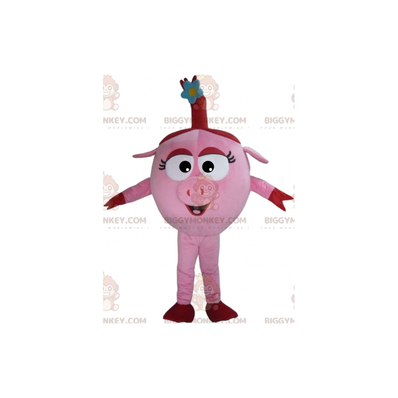 Costume de mascotte BIGGYMONKEY™ de cochon rose et rouge rond Costume de mascotte BIGGYMONKEY™ de cochon rose et rouge rond