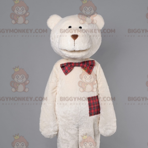 BIGGYMONKEY™ μασκότ στολή μπεζ Teddy με καρό παπιγιόν - Μασκότ αρκούδας - BIGGYMONKEY_07159 - BiggyMonkey.com