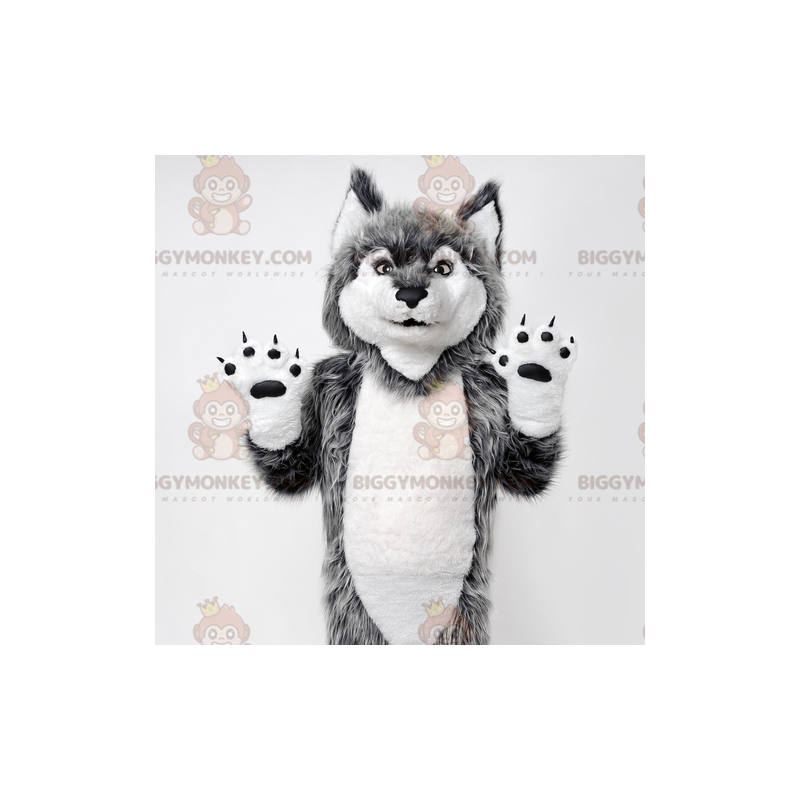 Disfraz de mascota BIGGYMONKEY™ de lobo gris y blanco. Disfraz Disfraz de mascota BIGGYMONKEY™ de lobo gris y blanco. Disfraz