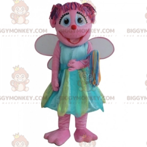 Lächelndes Pink Fairy BIGGYMONKEY™ Maskottchenkostüm mit buntem Kleid - Feenmaskottchen - BIGGYMONKEY_07192 - BiggyMonkey.com