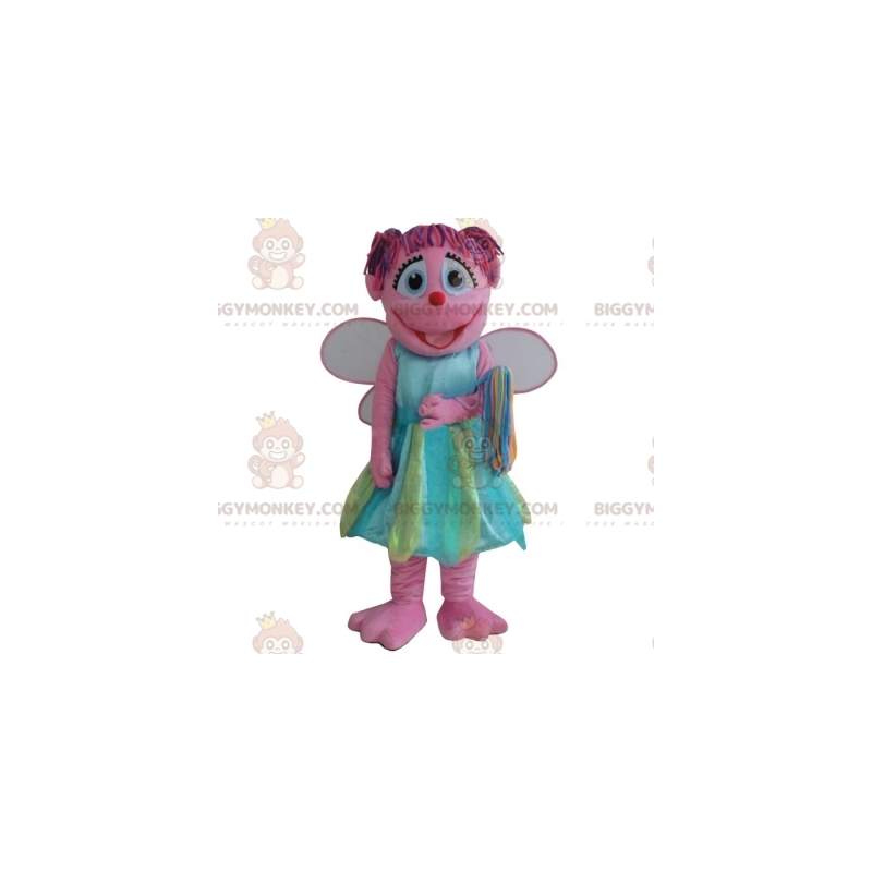 Costume da mascotte BIGGYMONKEY™ da fata rosa sorridente con Costume da mascotte BIGGYMONKEY™ da fata rosa sorridente con