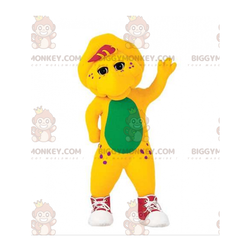  Costume mascotte BIGGYMONKEY™ dinosauro giallo e verde con scarpe da ginnastica - Mascotte di dinosauri - BiggyMonkey.com