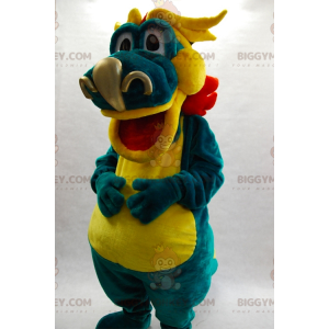 Traje de mascote BIGGYMONKEY™ de dragão verde amarelo e