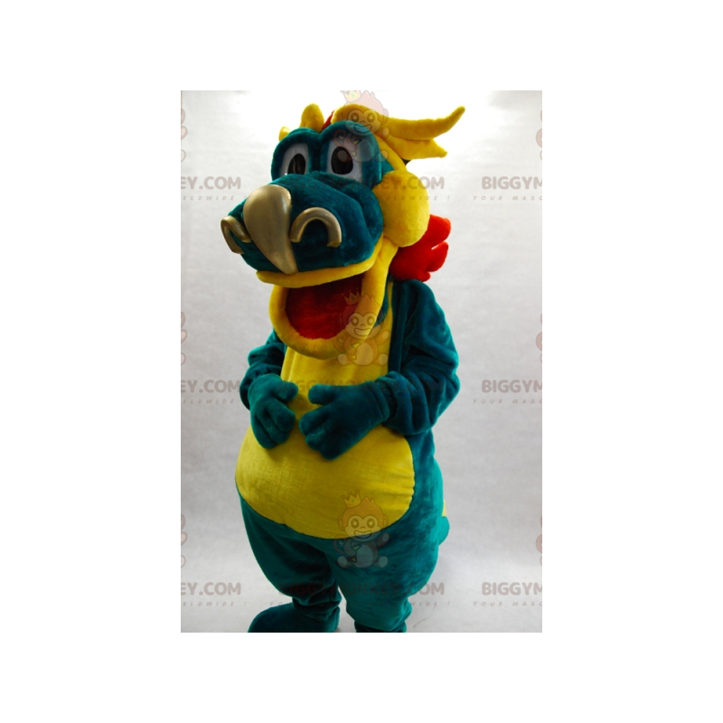 BIGGYMONKEY™ mascottekostuum van groen gele en rode draak. BIGGYMONKEY™ mascottekostuum van groen gele en rode draak.