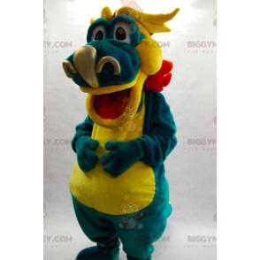 Traje de mascote BIGGYMONKEY™ de dragão verde amarelo e