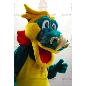 Costume de mascotte BIGGYMONKEY™ de dragon vert jaune et rouge.