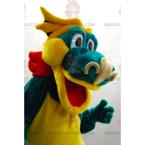 BIGGYMONKEY™ costume da mascotte di drago verde giallo e rosso.