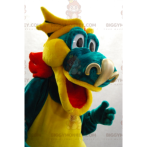 Costume de mascotte BIGGYMONKEY™ de dragon vert jaune et rouge.