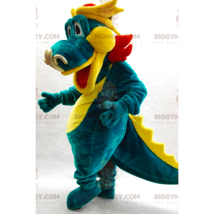 Costume de mascotte BIGGYMONKEY™ de dragon vert jaune et rouge.