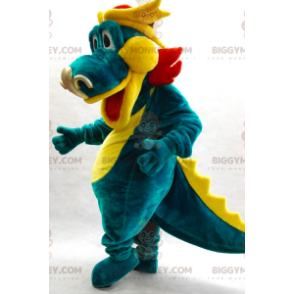 Costume de mascotte BIGGYMONKEY™ de dragon vert jaune et rouge.