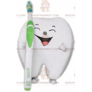  Costume da mascotte Giant White Tooth BIGGYMONKEY™ con spazzolino da denti - Mascotte di oggetti - BiggyMonkey.com