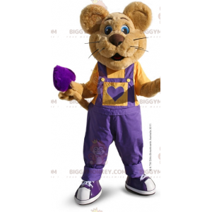 Brown Mouse BIGGYMONKEY™ Mascot Costume with Purple Overalls -