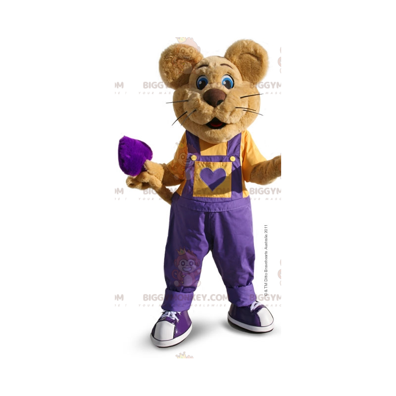 Brown Mouse BIGGYMONKEY™ Mascot Costume with Purple Overalls -