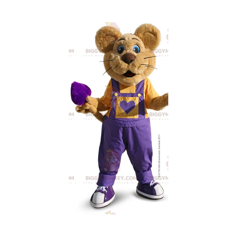 Bruine muis BIGGYMONKEY™ mascottekostuum met paarse overall - Bruine muis BIGGYMONKEY™ mascottekostuum met paarse overall -
