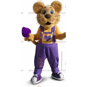 Brown Mouse BIGGYMONKEY™ Mascot Costume with Purple Overalls -