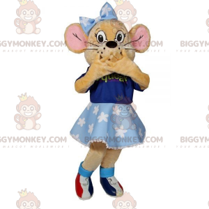 Beige mouse BIGGYMONKEY™ mascot costume with blue dress and bow