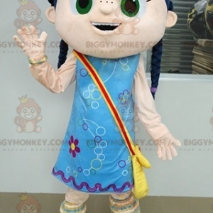 Girl BIGGYMONKEY™ Mascot Costume with Braids and Blue Dress -