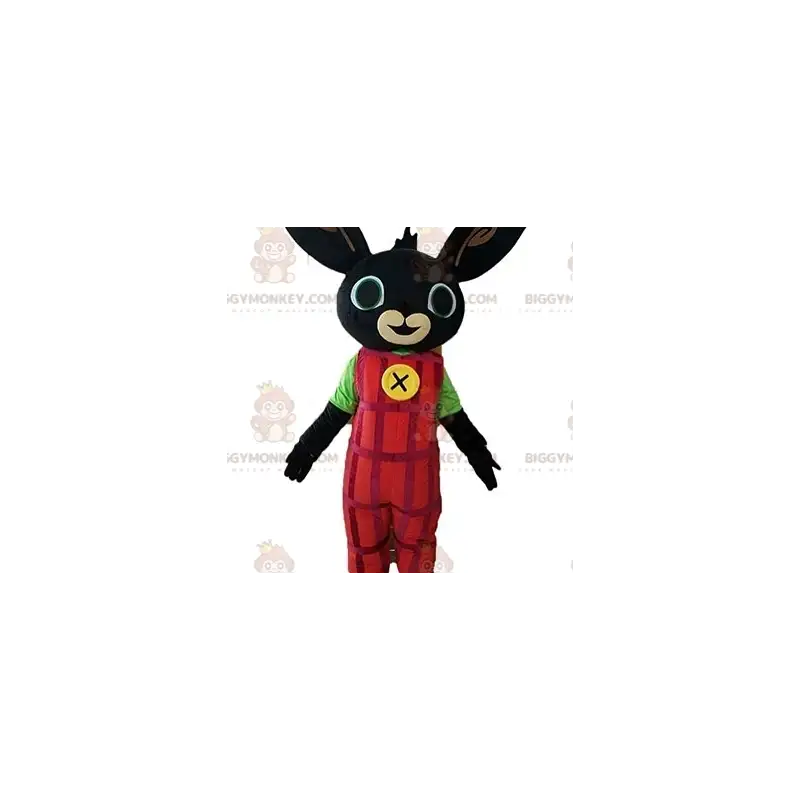 Στολή μασκότ Black Rabbit BIGGYMONKEY™ ντυμένη με κόκκινη φόρμα Στολή μασκότ Black Rabbit BIGGYMONKEY™ ντυμένη με κόκκινη φόρμα